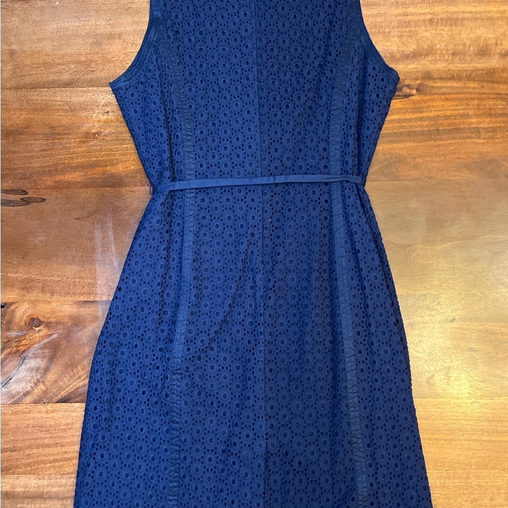 Talbots Womens Dress Sz 12P Navy Blue Eyelet Sleeveless Fit And Flare Belt - Picture 2 of 8
